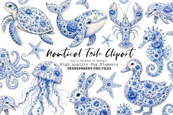 Chinoiserie Blue Sea Animals Clipart PNG: A Designer's Coastal Treasure