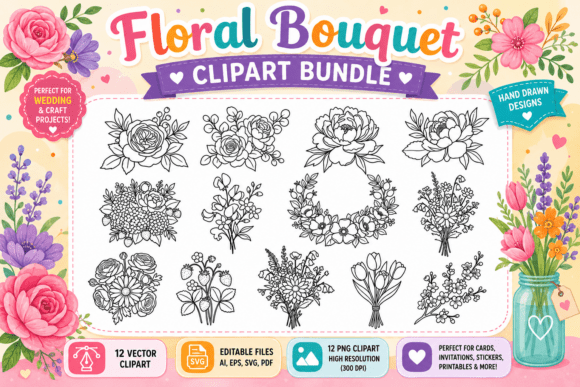 Floral Bouquet Clipart Bundle: Elegant Botanical Design Elements