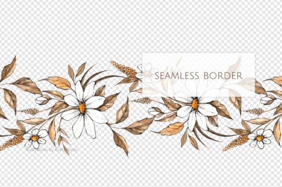 Ink Daisy Watercolor Seamless Border: A Botanical Touch for Modern Design