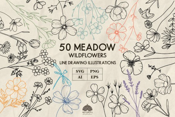 Meadow Wildflowers Line Art: SVG & PNG Set for Every Creative