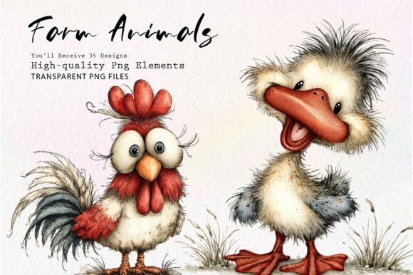 Whimsical Quirky Farm Animals PNG: 35 Designs for Creative Projects